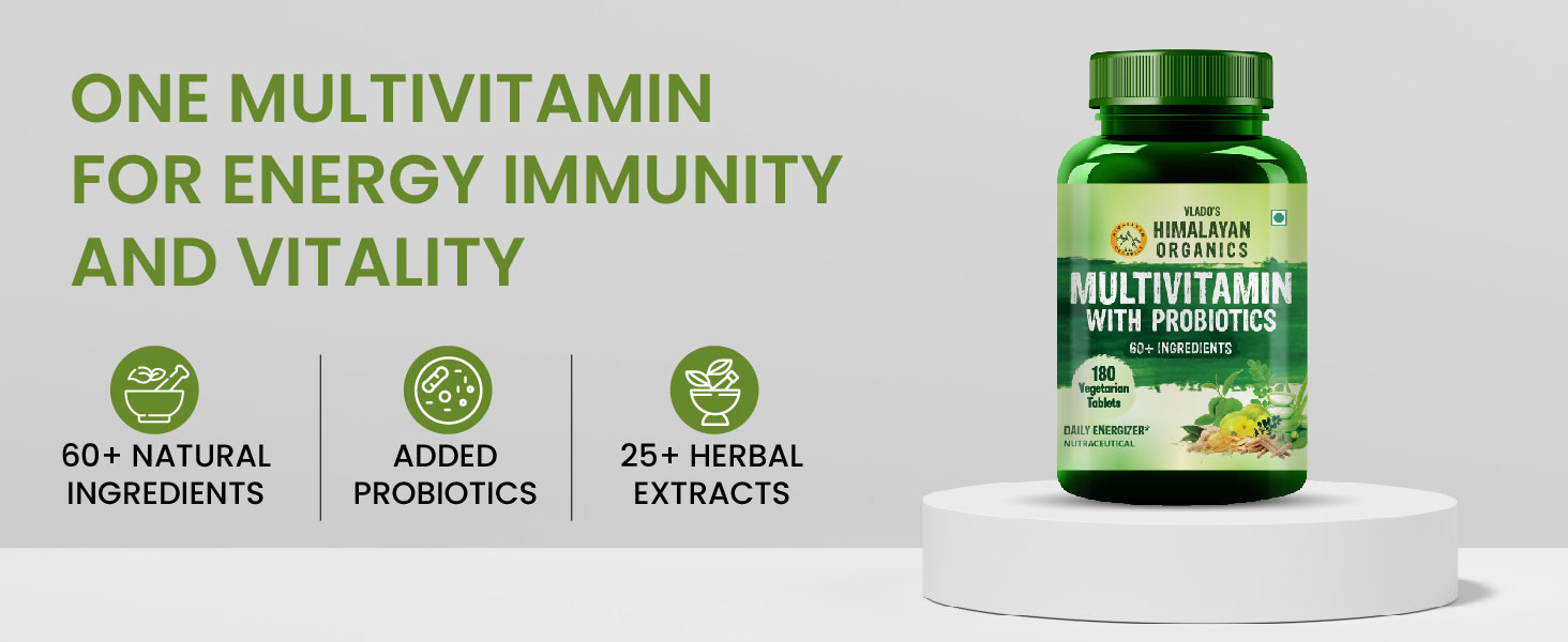 Vlado’s Himalayan Organics Multivitamin Tablets for Men & women With Probiotics - 60+ Ingredients multi Vitamins Supplement For Men And Women | VItamin B1,B2,B3,B5,B6B9,B12,C,E,A,K2,D Magneisum with 5B CFU Probiotic Blends with Multi minerals for Boost Stamina, Strength overall wellness - 60 Veg Tablets