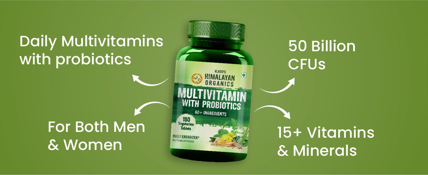 Vlado’s Himalayan Organics Multivitamin Tablets for Men & women With Probiotics - 60+ Ingredients multi Vitamins Supplement For Men And Women | VItamin B1,B2,B3,B5,B6B9,B12,C,E,A,K2,D Magneisum with 5B CFU Probiotic Blends with Multi minerals for Boost Stamina, Strength overall wellness - 60 Veg Tablets