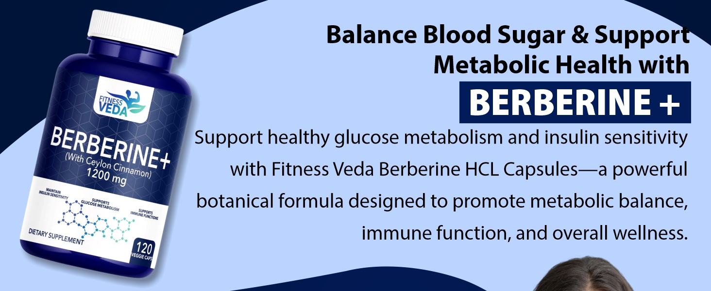 FITNESS VEDA Berberine HCL 1200mg - 120 Capsules High Potency Herbal Supplement for Blood Sugar & Insulin Support | Supports Metabolic & Cardiovascular Health | Non-GMO, Vegan-Friendly - 120 Capsules