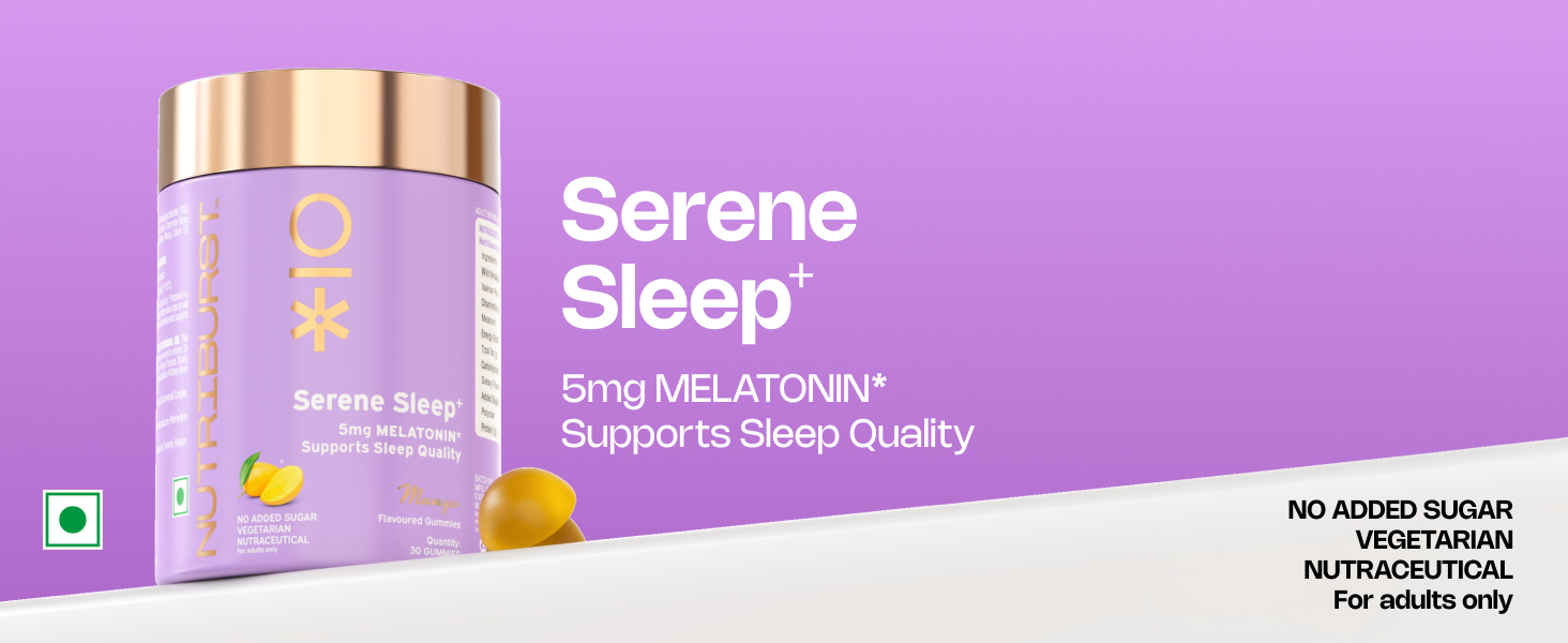 Nutriburst Serene Sleep 5MG Melatonin Gummies for Quality Deep Sleep, Fresh Wake Up | No Stress & Anxiety | Natural Non-Addictive, Non Habit Forming Sleep-Aid | Mango Flavor (30 Gummy)