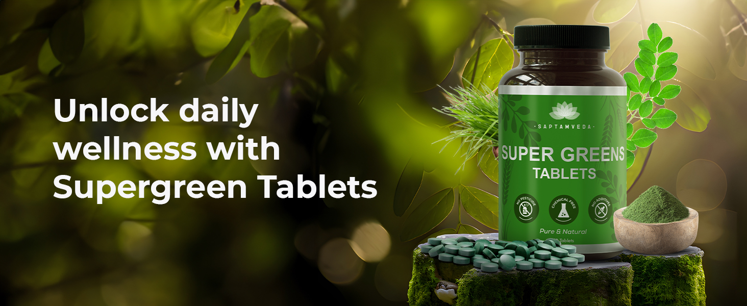 SAPTAMVEDA Premium Supergreen 120 Tablets | Natural Multivitamin |Contains Moringa, Wheatgrass, Spirulina & Barely Grass