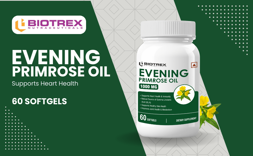 Biotrex Nutraceuticals Evening Primrose Oil 1000mg | Contains High GLA (10%) With Omega 6 & 9 | Supports Skin Health & Hormonal Balance | Women's Health | PMS & Menopause Comfort | Gluten Free & High Potency | 60 Softgels