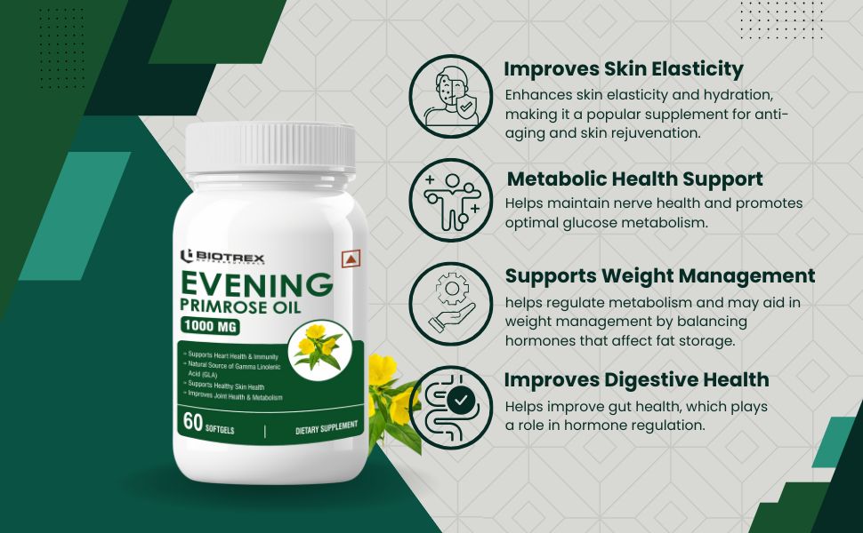 Biotrex Nutraceuticals Evening Primrose Oil 1000mg | Contains High GLA (10%) With Omega 6 & 9 | Supports Skin Health & Hormonal Balance | Women's Health | PMS & Menopause Comfort | Gluten Free & High Potency | 60 Softgels