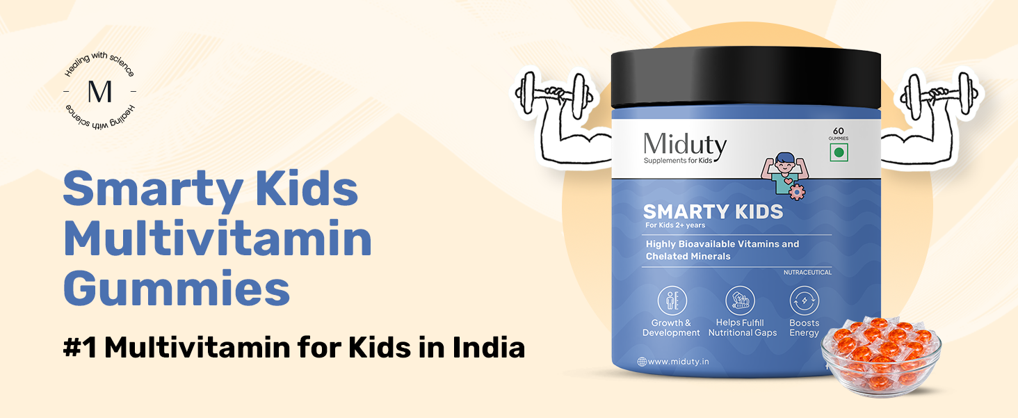 Miduty Multivitamin Gummies- Smarty Kids | No Added Sugar | Natural Strawberry Flavour | Chelated Minerals, Iron & Vitamins - For Energy, Growth & Nutrient Support in Kids | 60 Gummies
