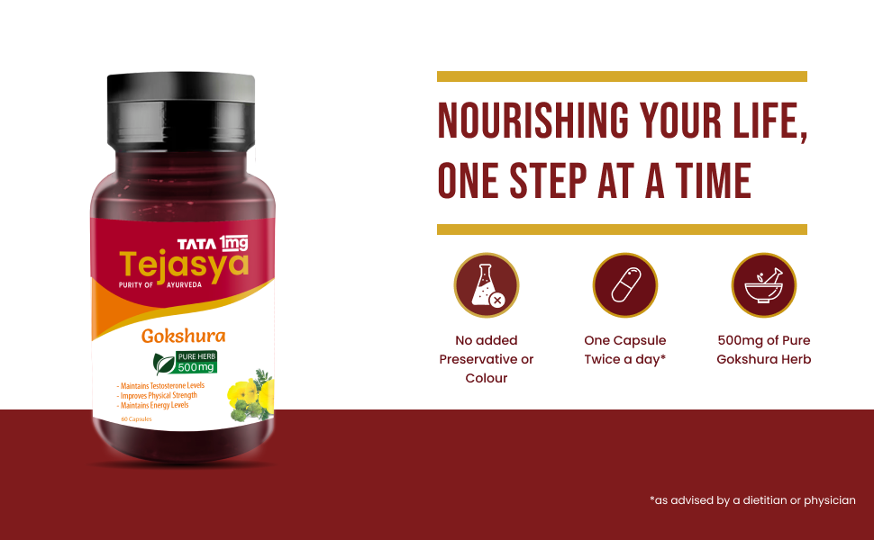 Tata 1mg Tejasya Gokshura Capsule Helps In Maintain Energy, Strength, Reduce fatigue (Pack of 1, 500mg)