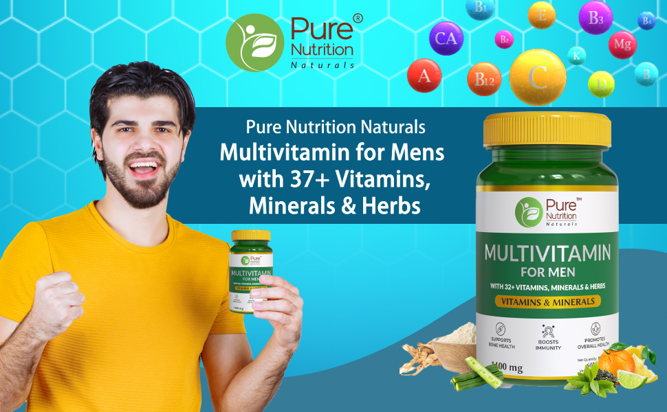 Pure Nutrition Multivitamin for Men 1400mg | Multivitamin Tablet for Men with 32+ Vitamins, Minerals & Herbs | Biotin, Ginseng, Moringa & Green Tea | Supports Immunity, Energy & Bone Health - 60 Veg Tablets