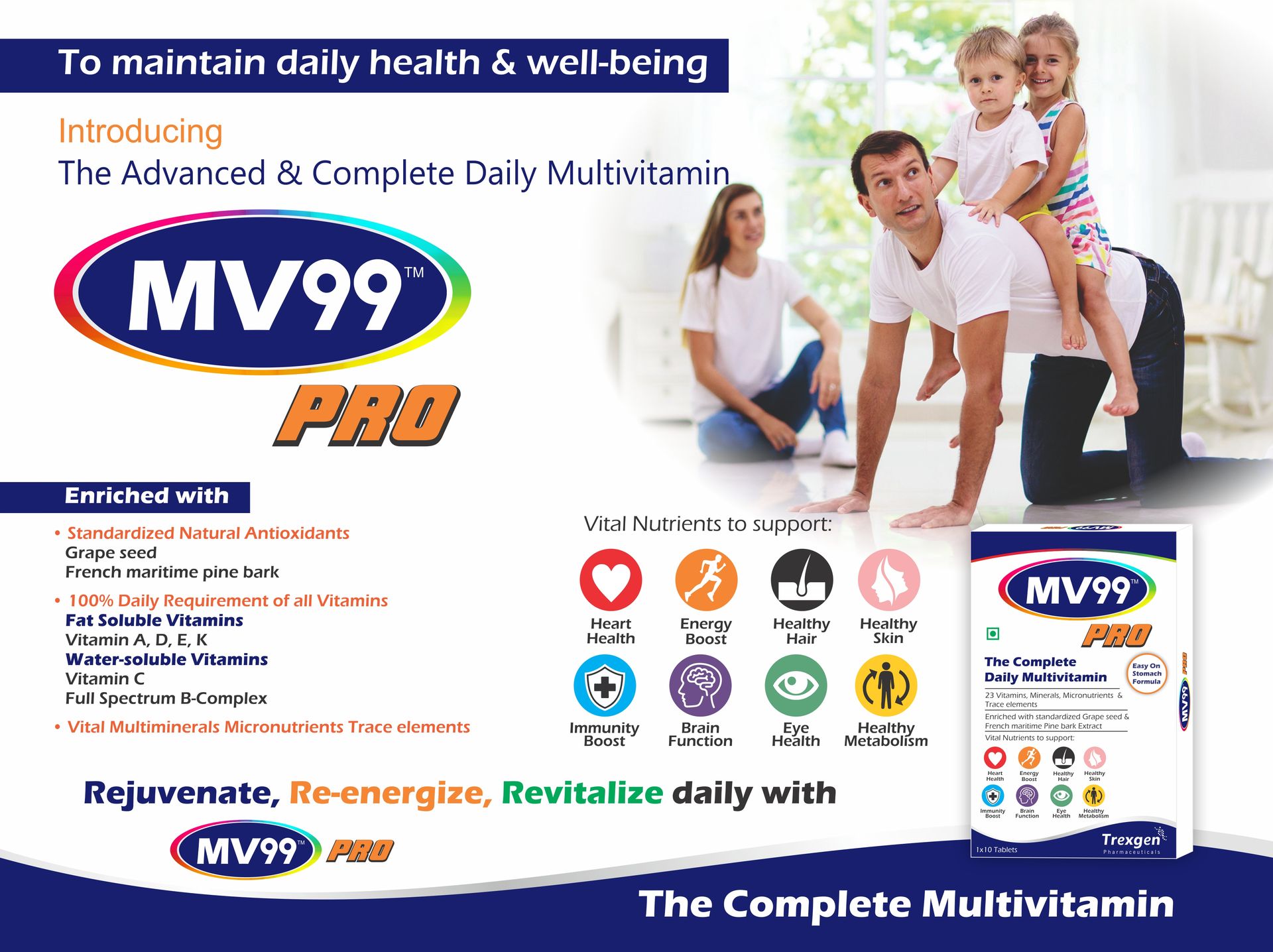 Trexgen® MV99™-PRO The Complete Daily Multivitamin with A,D,E,K,B-Complex, C, Multiminerals Micronutrients & Trace elements with Grape Seed & Pomegranate extract (10x10 = 100 Tabs)