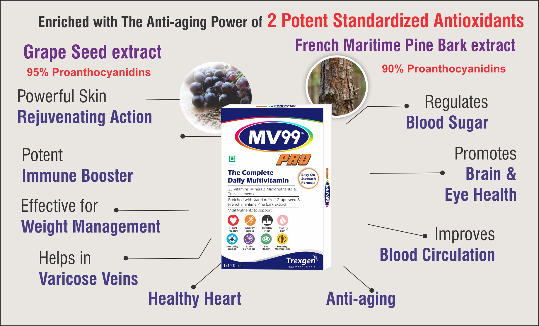 Trexgen® MV99™-PRO The Complete Daily Multivitamin with A,D,E,K,B-Complex, C, Multiminerals Micronutrients & Trace elements with Grape Seed & Pomegranate extract (10x10 = 100 Tabs)