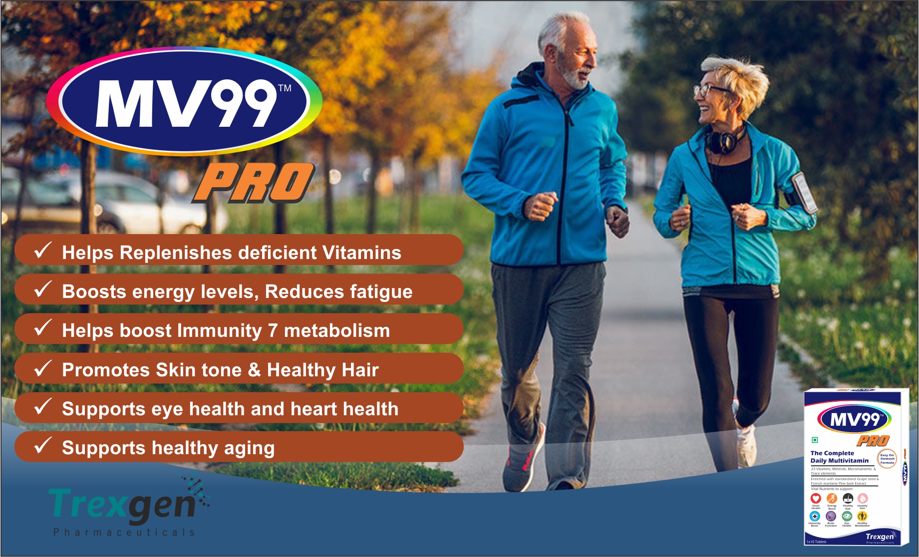 Trexgen® MV99™-PRO The Complete Daily Multivitamin with A,D,E,K,B-Complex, C, Multiminerals Micronutrients & Trace elements with Grape Seed & Pomegranate extract (10x10 = 100 Tabs)