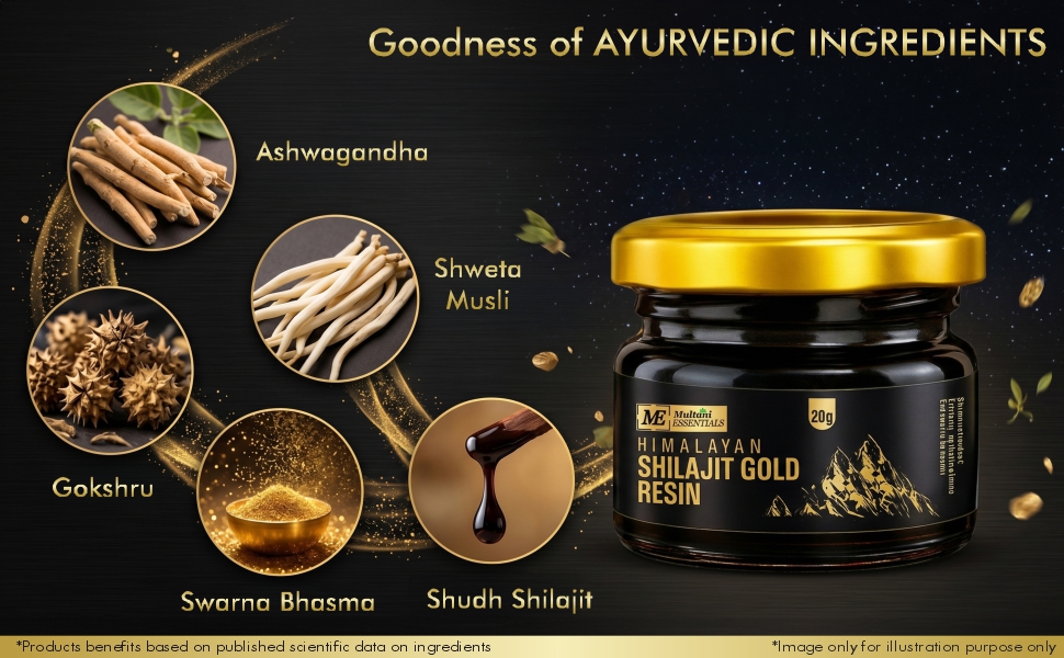 Multani Essentials Himalayan Shilajit Gold Resin 20g | 300mg/Serving | With Swarn Bhasma, Ashwagandha, Safed Musli & Haldi | Supports Stamina, Energy & Muscle Strength | 70% + Fulvic Acid For Better Absorption