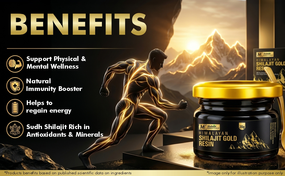 Multani Essentials Himalayan Shilajit Gold Resin 20g | 300mg/Serving | With Swarn Bhasma, Ashwagandha, Safed Musli & Haldi | Supports Stamina, Energy & Muscle Strength | 70% + Fulvic Acid For Better Absorption