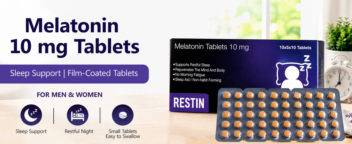 RESTIN SLEEPING MELATONIN TABLETS 10 MG FOR MEN AND WOMEN | Deep Sleep Oral Dissolving Mini Mints Effervescent Supporting Restful Sleep | (10 x 5 Tablets) 50 PC