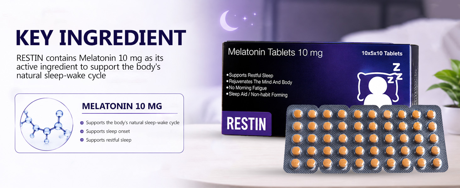 RESTIN SLEEPING MELATONIN TABLETS 10 MG FOR MEN AND WOMEN | Deep Sleep Oral Dissolving Mini Mints Effervescent Supporting Restful Sleep | (10 x 5 Tablets) 50 PC