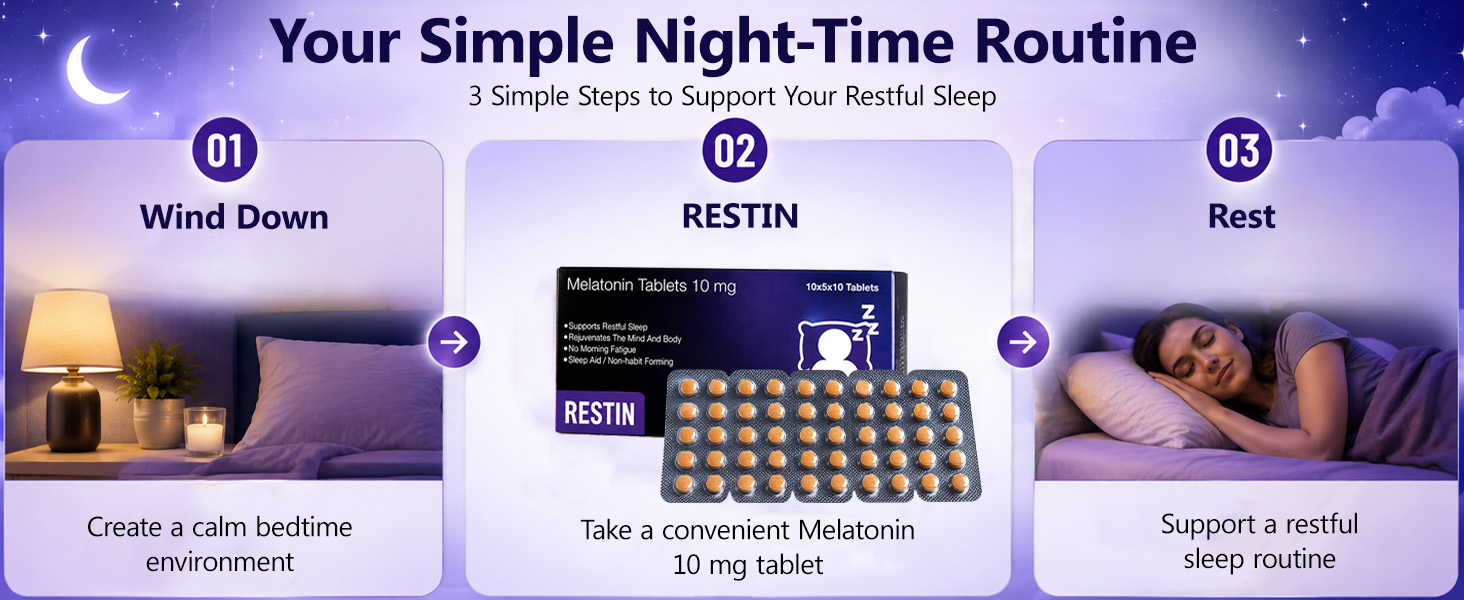 RESTIN SLEEPING MELATONIN TABLETS 10 MG FOR MEN AND WOMEN | Deep Sleep Oral Dissolving Mini Mints Effervescent Supporting Restful Sleep | (10 x 5 Tablets) 50 PC