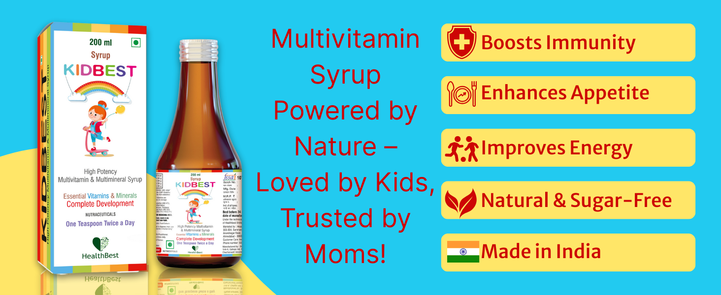 Healthbest Multivitamin Syrup For Kids - 200ml, 11 Essential Minerals, Supports Brain Development, Growth, Immunity, Boosts Energy, Vitamins A B C D E