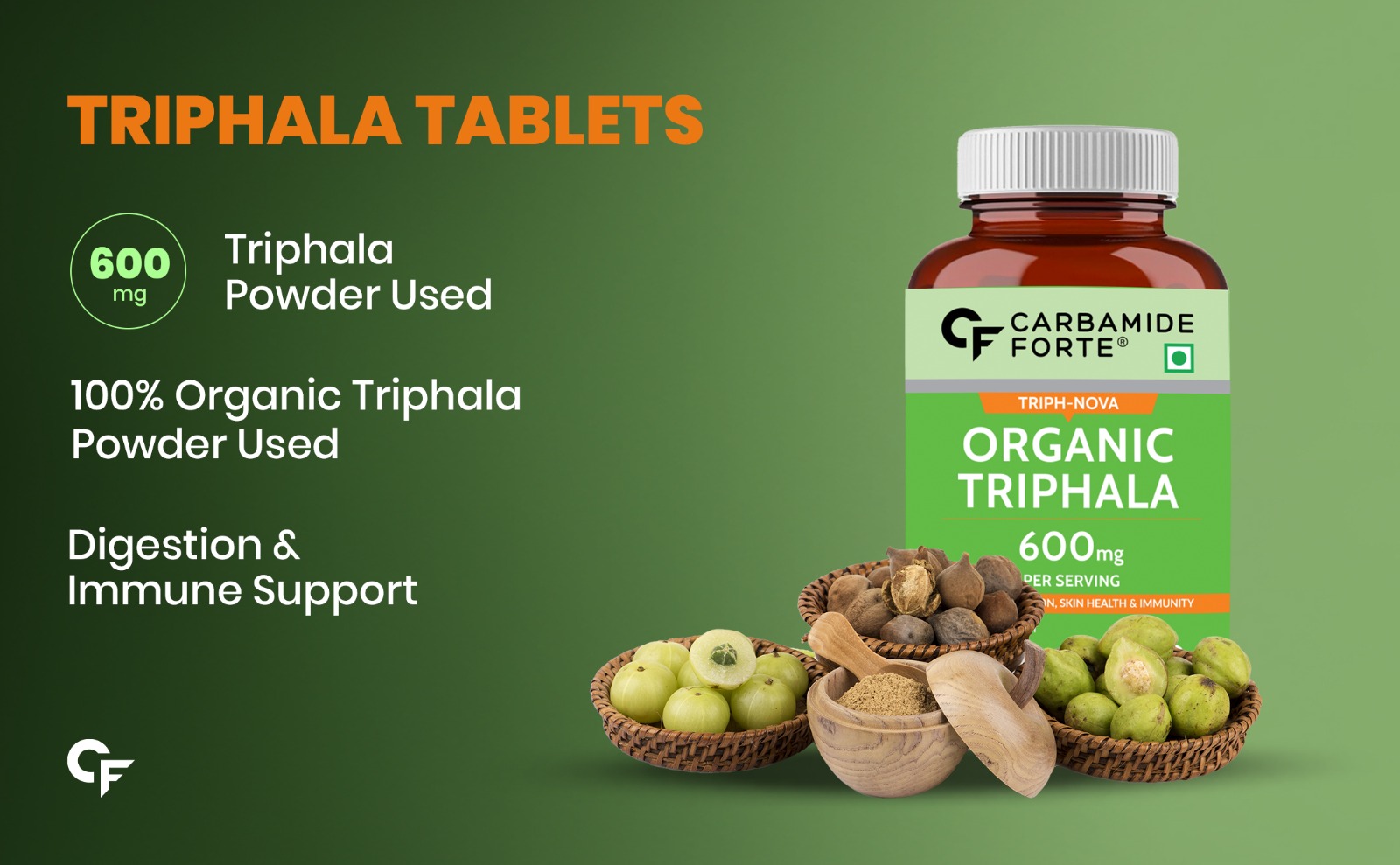 Carbamide Forte Triphala Churna Tablets 600mg | 100% Organic Triphala Tablets with Amla, Haritaki & Bibhitaki | Triphala Capsules Alternative for Digestive Health | 60 Tablets