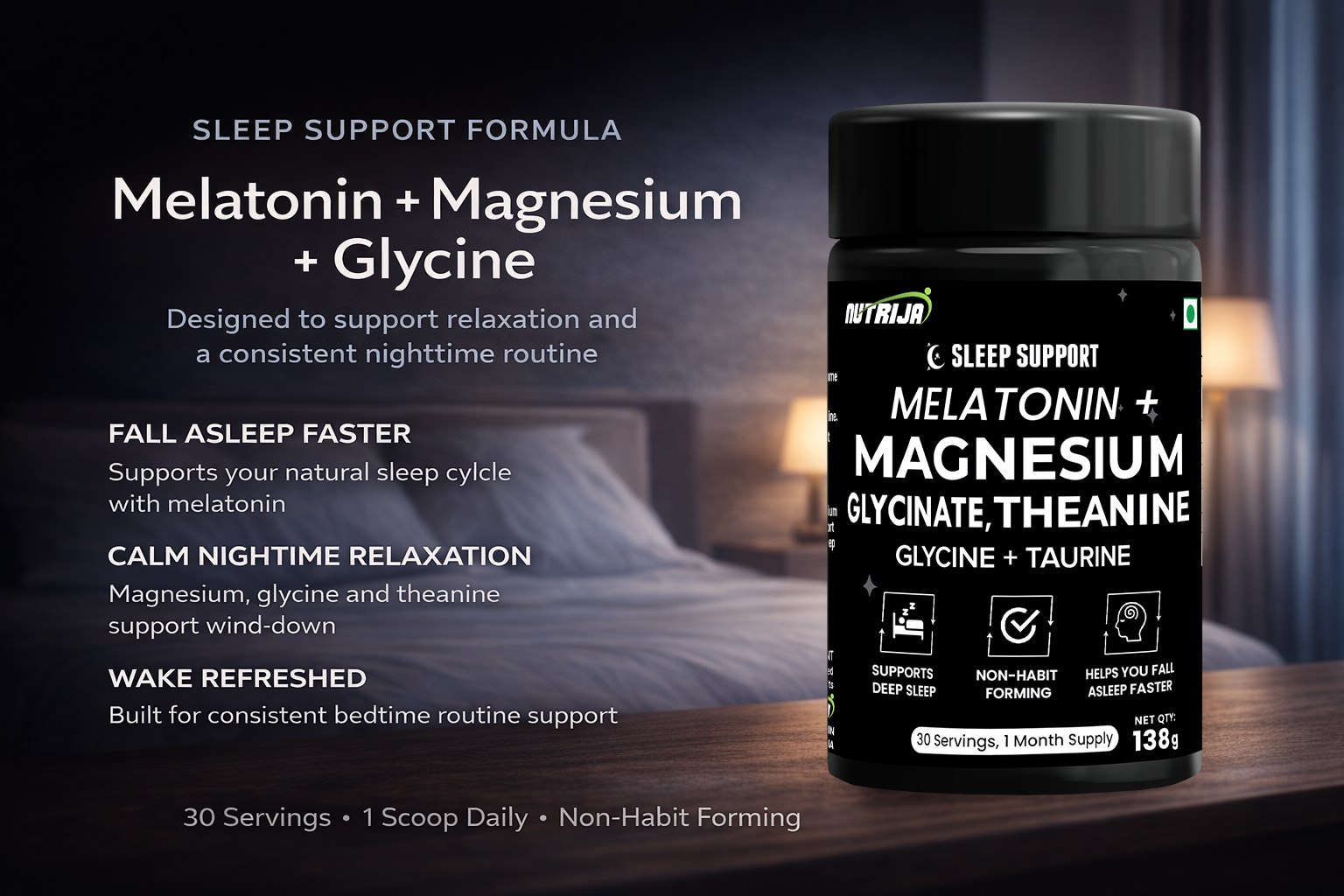 NutriJa Sleep Support Powder with Melatonin, Magnesium Glycinate, Glycine 3g, L-Theanine & Taurine, 30 Servings (138g)