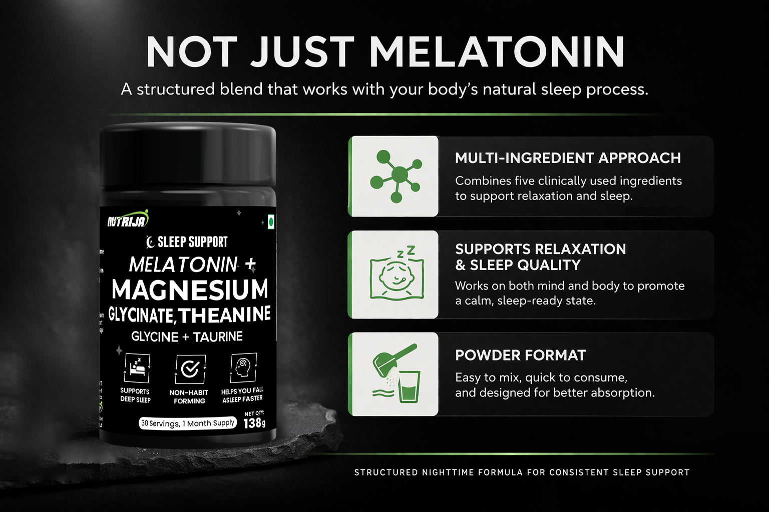 NutriJa Sleep Support Powder with Melatonin, Magnesium Glycinate, Glycine 3g, L-Theanine & Taurine, 30 Servings (138g)
