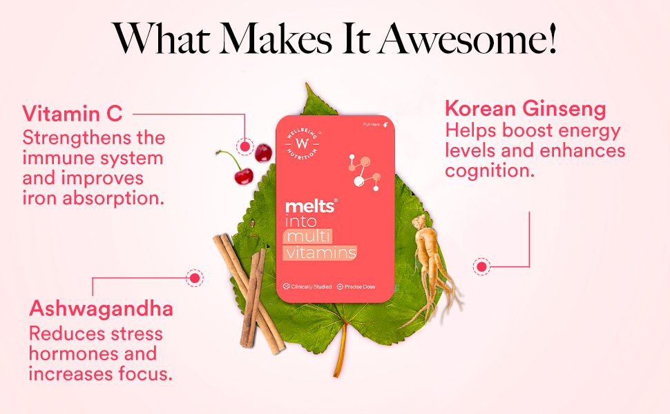 Wellbeing Nutrition Melts Plant Based Multivitamin for Men & Women with 100% RDA of Zinc, B-Complex, Vitamin C, D3 + K2(MK7), Ashwagandha & Ginseng for Immunity & Energy, 30 Oral Strips
