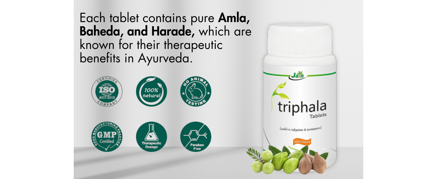 Jain Triphala Tablet– Herbal Digestive Support & Cleanse | Amla, Haritaki, Bibhitaki | Ayurvedic Formula -100 Tablets (Pack of 2)