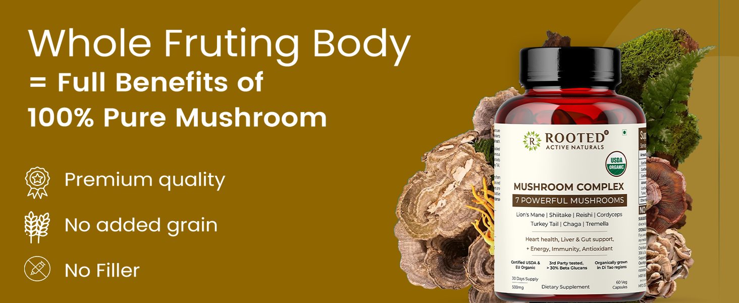 Rooted Actives 7-in-1 Mushroom Complex Extract | 100% Fruiting Body | 32%+ Beta Glucans | Focus, Energy, Gut & Immune Support | 60 Veg Capsules