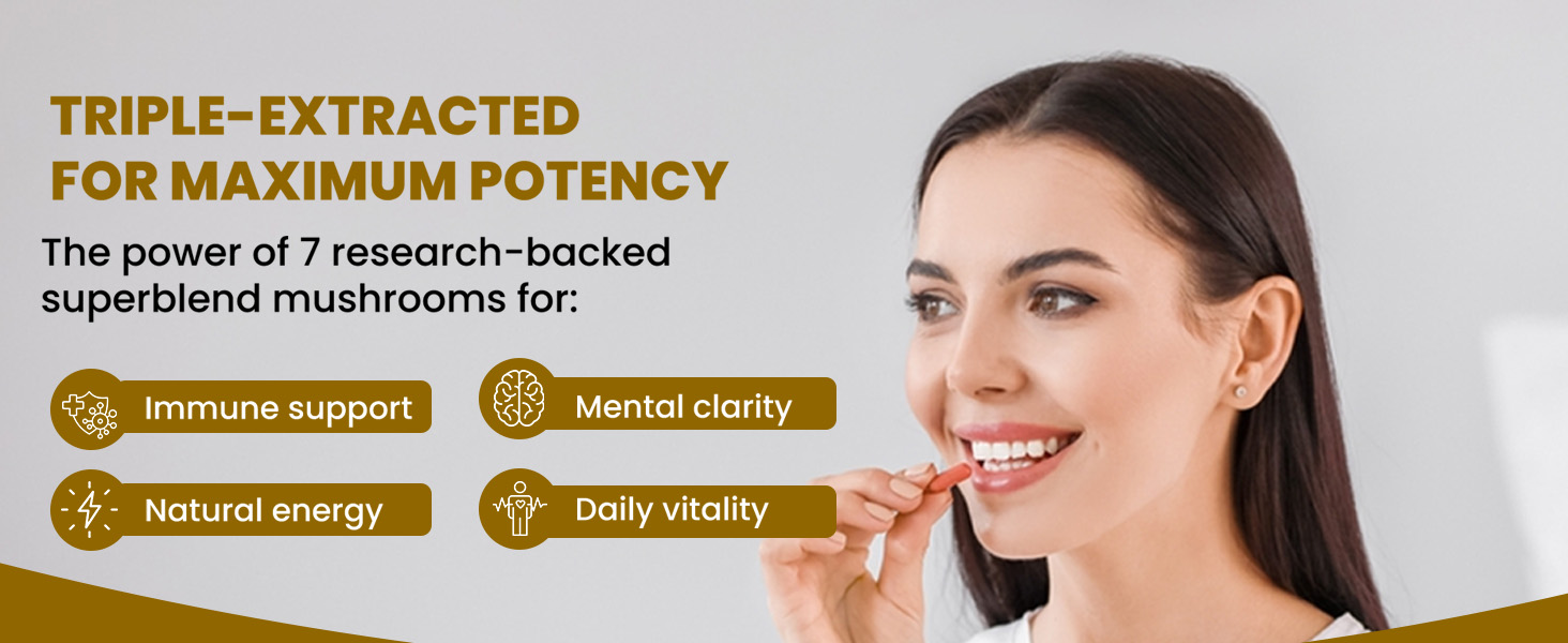 Rooted Actives 7-in-1 Mushroom Complex Extract | 100% Fruiting Body | 32%+ Beta Glucans | Focus, Energy, Gut & Immune Support | 60 Veg Capsules