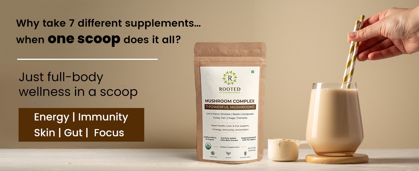 Rooted Actives 7-in-1 Mushroom Complex Extract | 100% Fruiting Body | 32%+ Beta Glucans | Focus, Energy, Gut & Immune Support | 60 Veg Capsules
