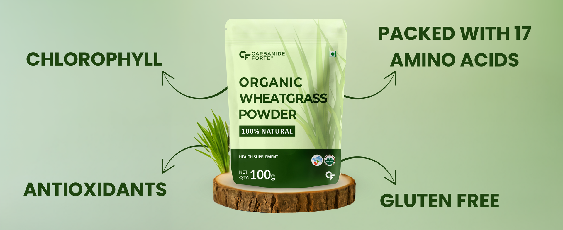 Carbamide Forte 100% Natural Organic Wheatgrass Powder | Wheat Grass Powder | Organic Wheatgrass Juice | Wheat Grass Juice - 100g