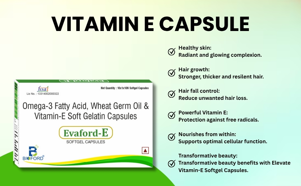 Evaford-E Rich Supplement of Omega 3 Fish Oil with Wheat Germ Oil & Vitamin E Capsules | Supports Skin Glow, Hair Strength & Heart Health | Antioxidant Softgels (3x Strip) 30 Capsules