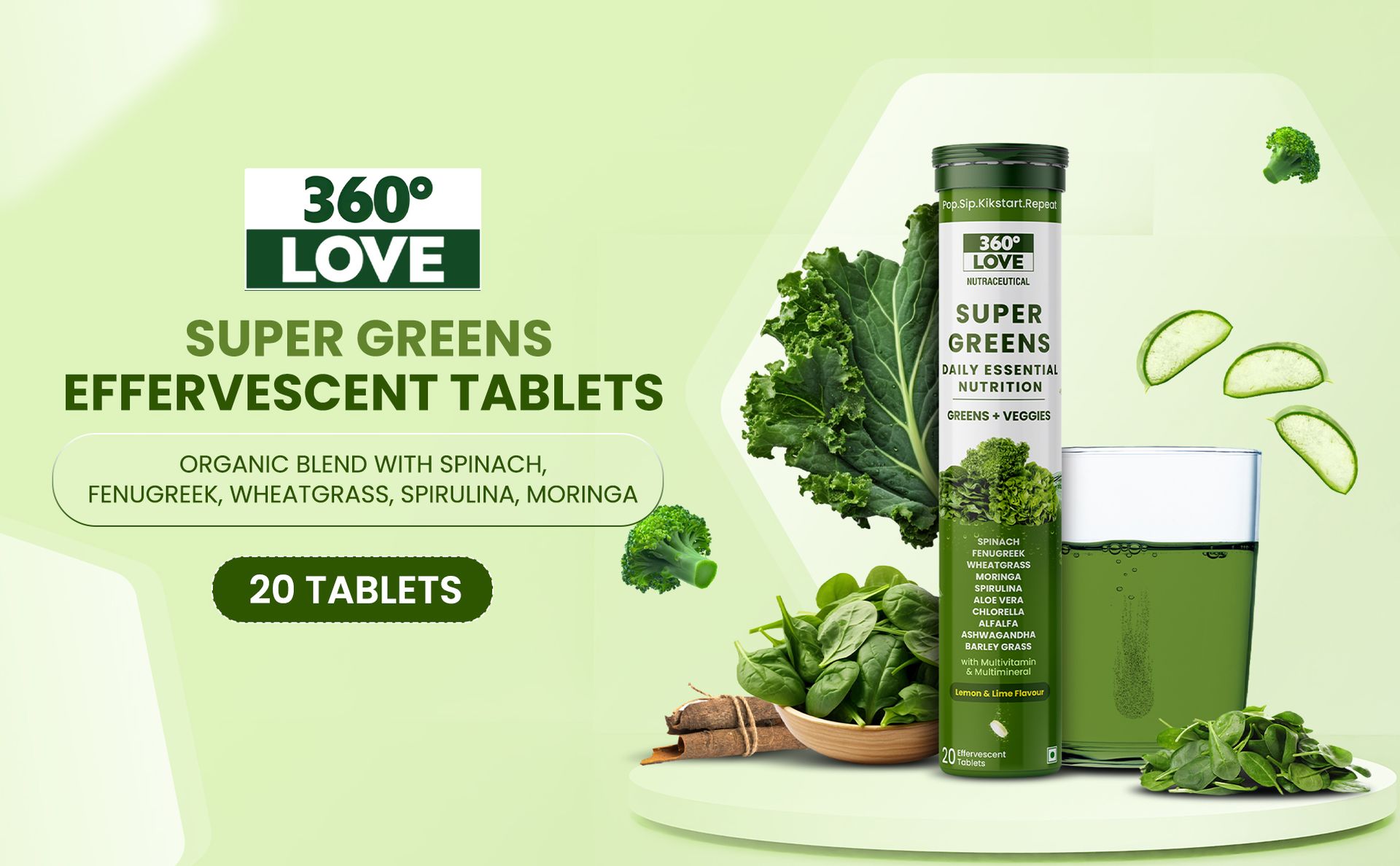 Super Greens Effervescent Tablets | Daily Nutrition with Greens & Veggies | Wheatgrass, Moringa, Ashwagandha & Aloe Vera Blend | Multivitamin Support | Lemon Lime Flavour | 20 Tablets