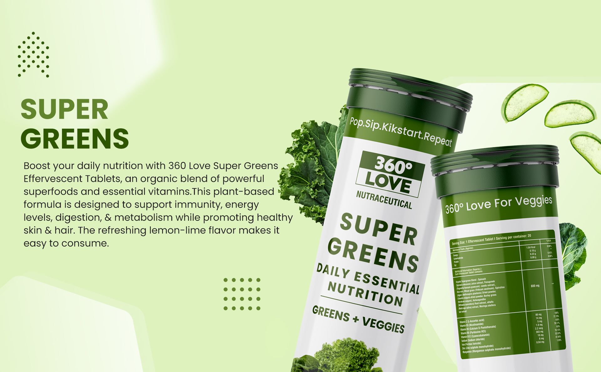 Super Greens Effervescent Tablets | Daily Nutrition with Greens & Veggies | Wheatgrass, Moringa, Ashwagandha & Aloe Vera Blend | Multivitamin Support | Lemon Lime Flavour | 20 Tablets