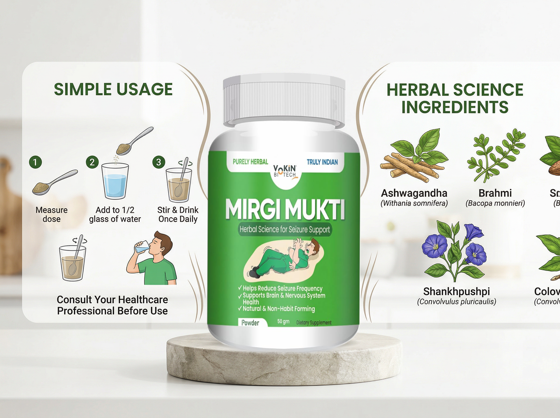 Vokin Biotech Mirgi Mukti Herbal Powder 50 gm | Brain & Nervous System Support Supplement | Purely Herbal Formula | Non-Habit Forming | Powder Form