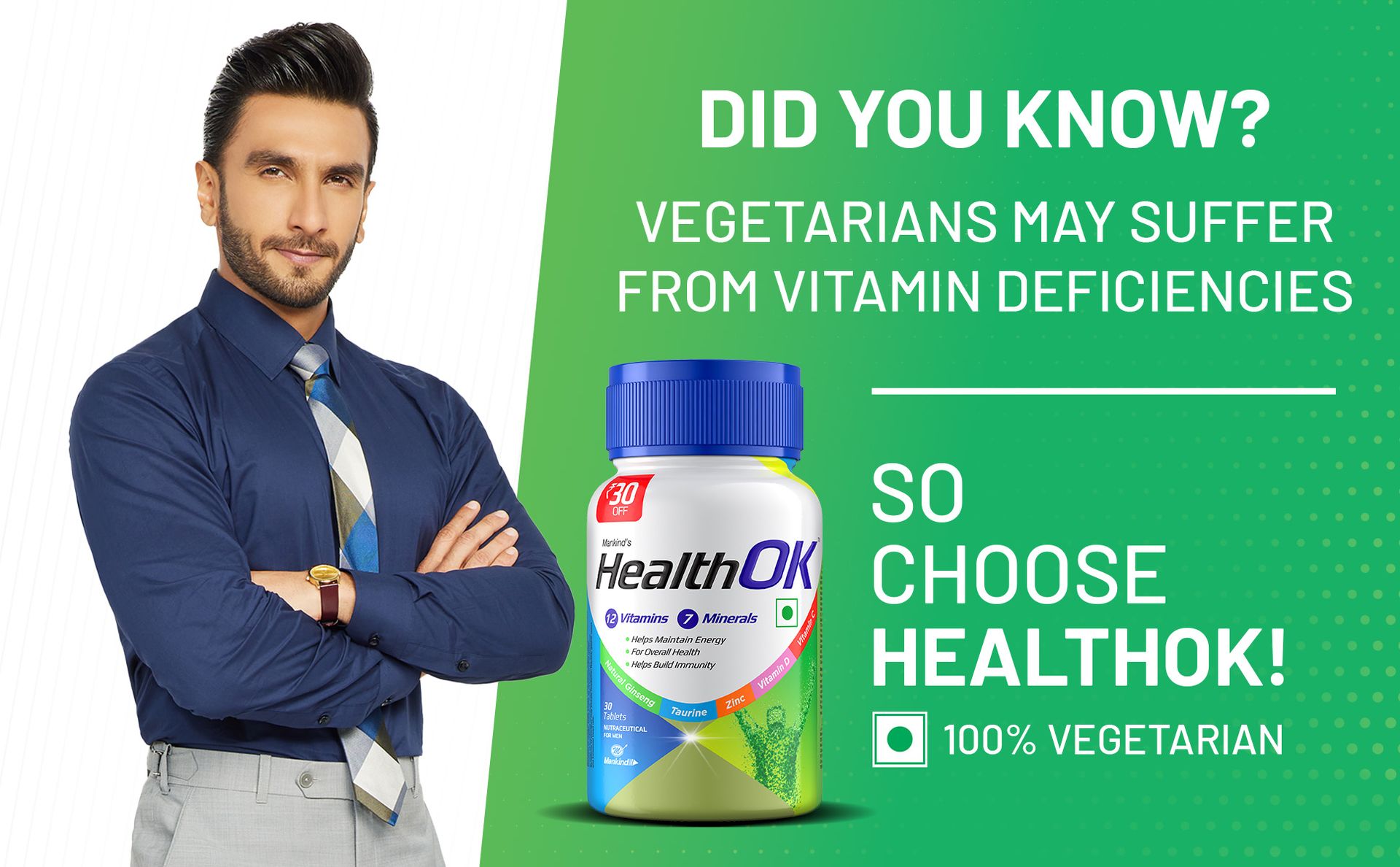 Health OK Multivitamin with Natural Ginseng, Taurine power, Daily Energy, alertness, Vitamin D, C & other 18 multivitamins minerals, for Overall Health, 60 Tablets (Veg)