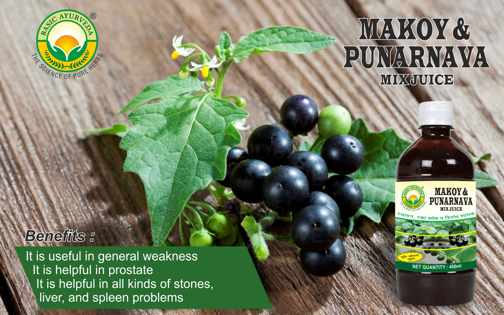 Basic Ayurveda Makoy & Punarnava Mix Juice 450ml | Enriched with Bhumi Amla | Supports Liver & Kidney Detox | Herbal Blend for Daily Wellness