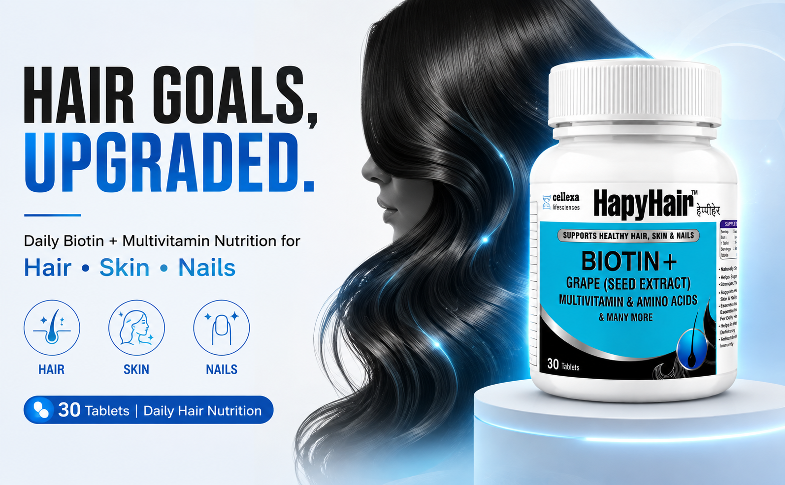 HappyHair Biotin Tablets for Hair Growth, Skin & Nails | 30 Tablets for Men & Women | 100% RDA Biotin, Multivitamins, Amino Acids & Grape Seed Extract | Daily Hair Nutrition & DHT-Related Hair Wellness Support