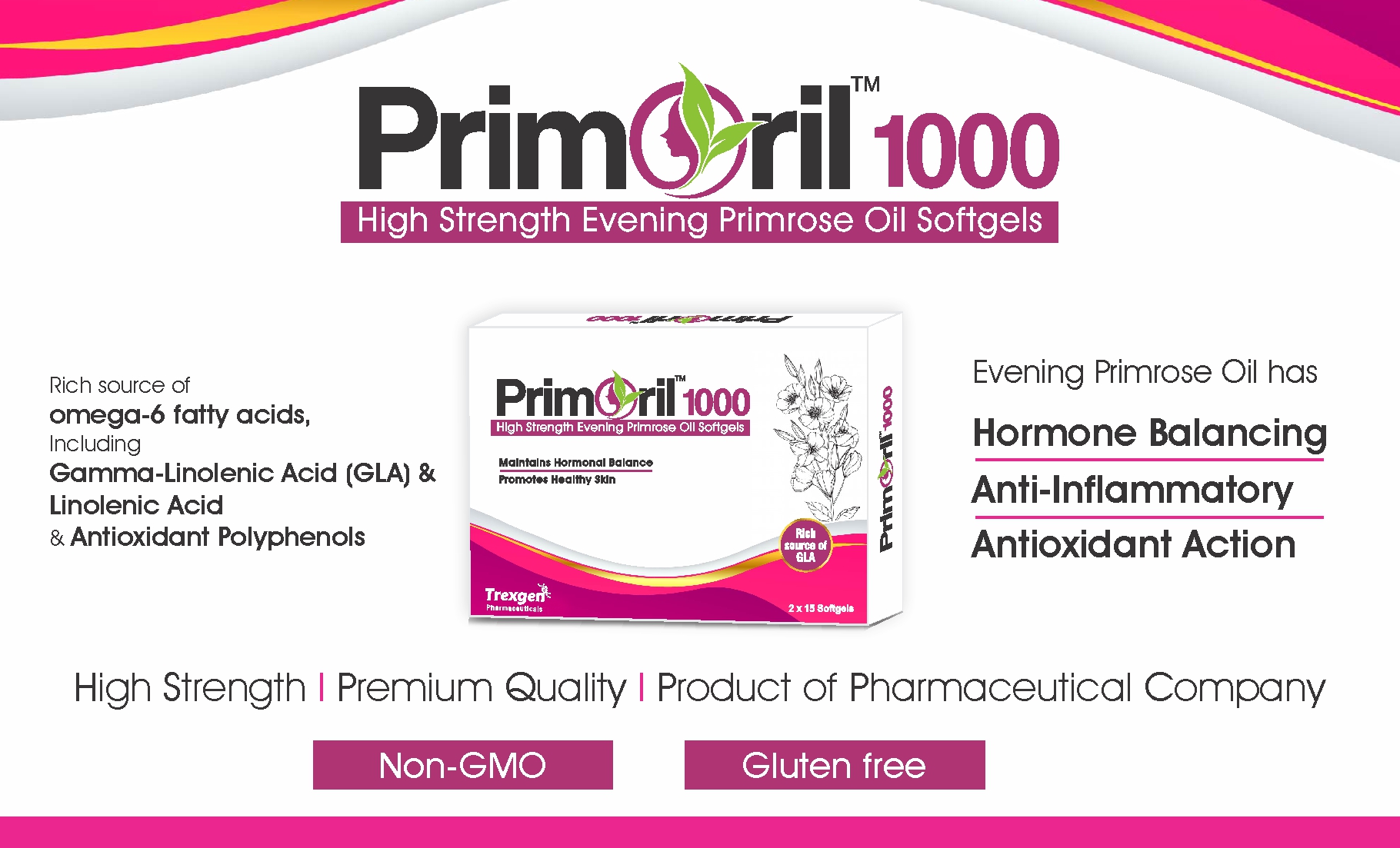 Trexgen PRIMORIL 1000mg Evening Primrose for Women's Health & Skin Care (30 Softgels) (1 BOX)