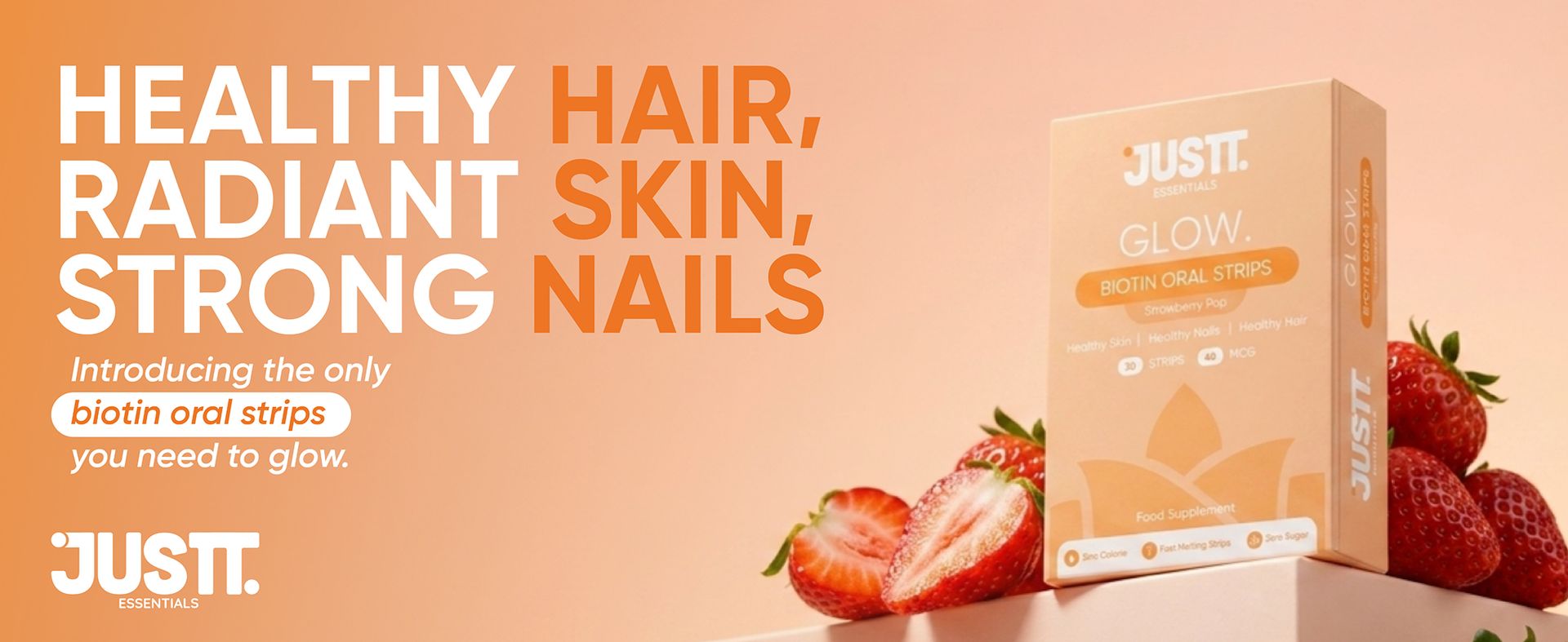 JUSTT ESSENTIALS Glow Biotin Oral Strips for Healthy Hair, Radiant Skin & Strong Nails | Pack of 1, 30 Days Pack | 10,000 mcg Sesbania Extract | Strawberry Pop Flavour | Sugar-Free Fast Dissolving Vegan Strips
