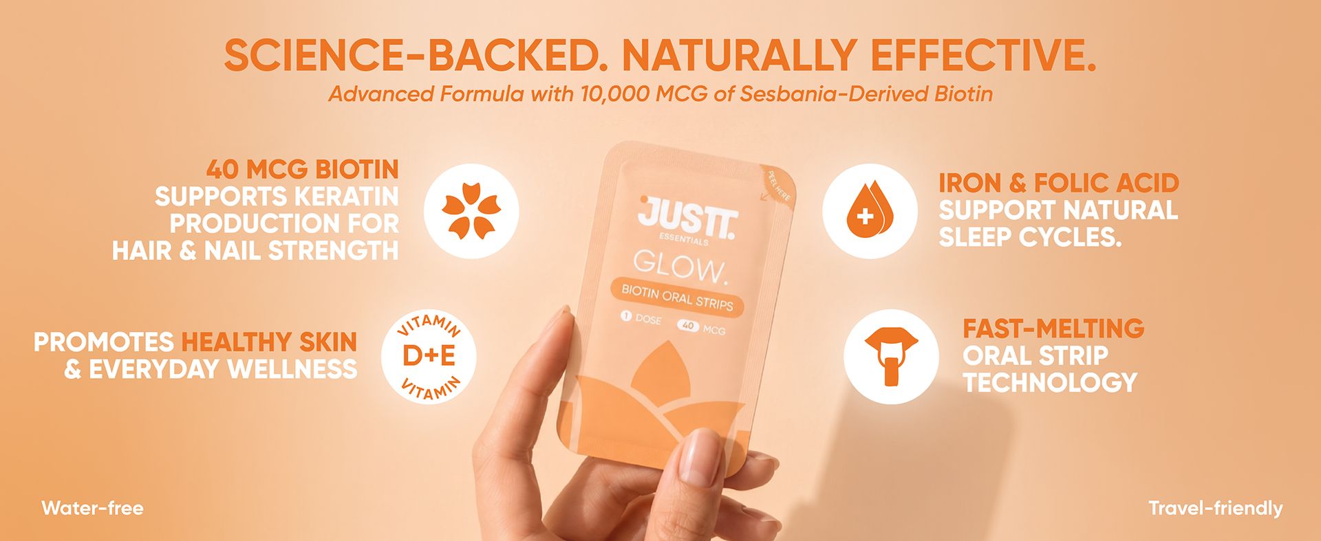 JUSTT ESSENTIALS Glow Biotin Oral Strips for Healthy Hair, Radiant Skin & Strong Nails | Pack of 1, 30 Days Pack | 10,000 mcg Sesbania Extract | Strawberry Pop Flavour | Sugar-Free Fast Dissolving Vegan Strips