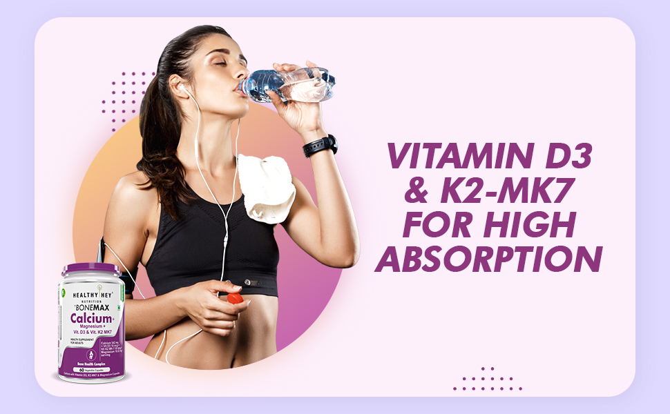 HealthyHey BoneMax Calcium, D3, K2 & Mg | 100% Vegetarian | Calcium, Vitamin D3 & K2-MK7 and Magnesium - Benefits Bone Health & Joint Support (60 Capsules)
