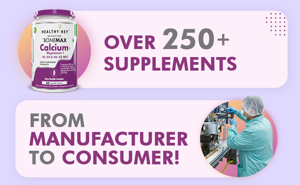 HealthyHey BoneMax Calcium, D3, K2 & Mg | 100% Vegetarian | Calcium, Vitamin D3 & K2-MK7 and Magnesium - Benefits Bone Health & Joint Support (60 Capsules)