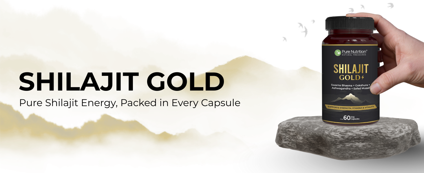 Pure Nutrition Shilajit Gold 60 Veg Capsules with Kaunch Beej, Ashwagandha, Safed Musli, Gokhru & Shatavari for Energy, Strength, Stamina & Performance | Premium Ayurvedic Supplement for Men