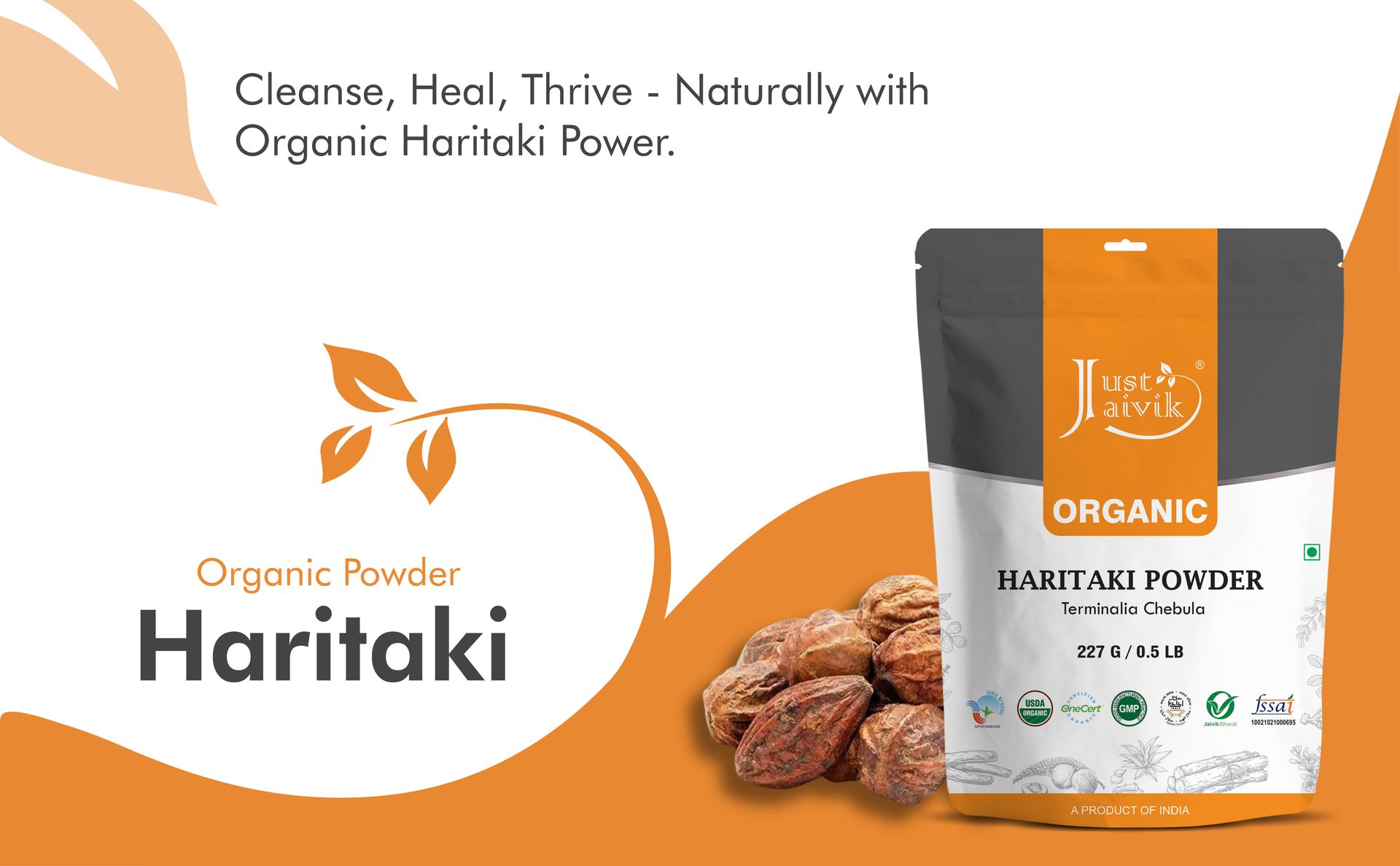 Just Jaivik Organic Haritaki Powder - Terminalia Chebula - 227g
