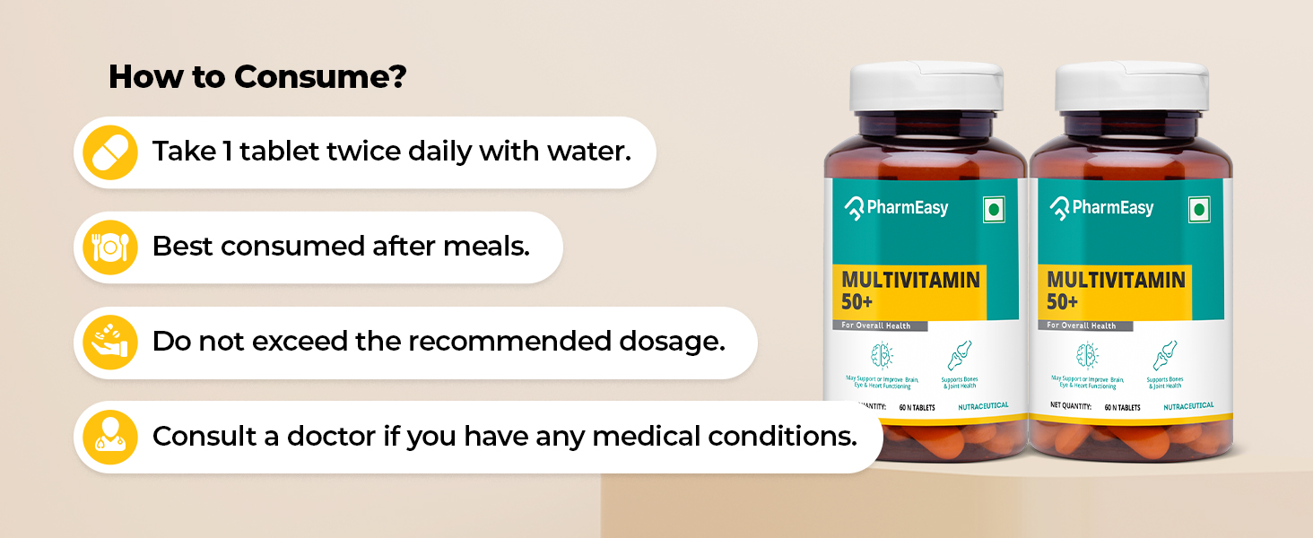 PharmEasy Multivitamin 50 Plus Age Tablets with Vitamins, Minerals, Herbal Extracts, Antioxidants, Immunity and beauty Blend for Energy, Heart, Bones and Skin Support - 60 Tablets