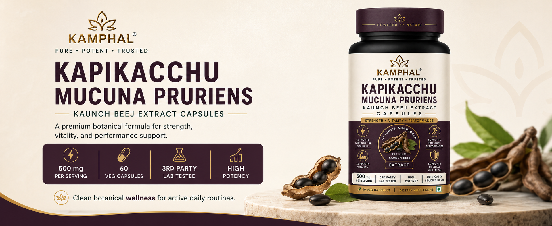 Kaunch Beej Capsules 800mg | Velvet Beans Powder | Mucuna Pruriens | Ayurvedic Support for Strength, Stamina & Reproductive Health | 60 Veg Capsules