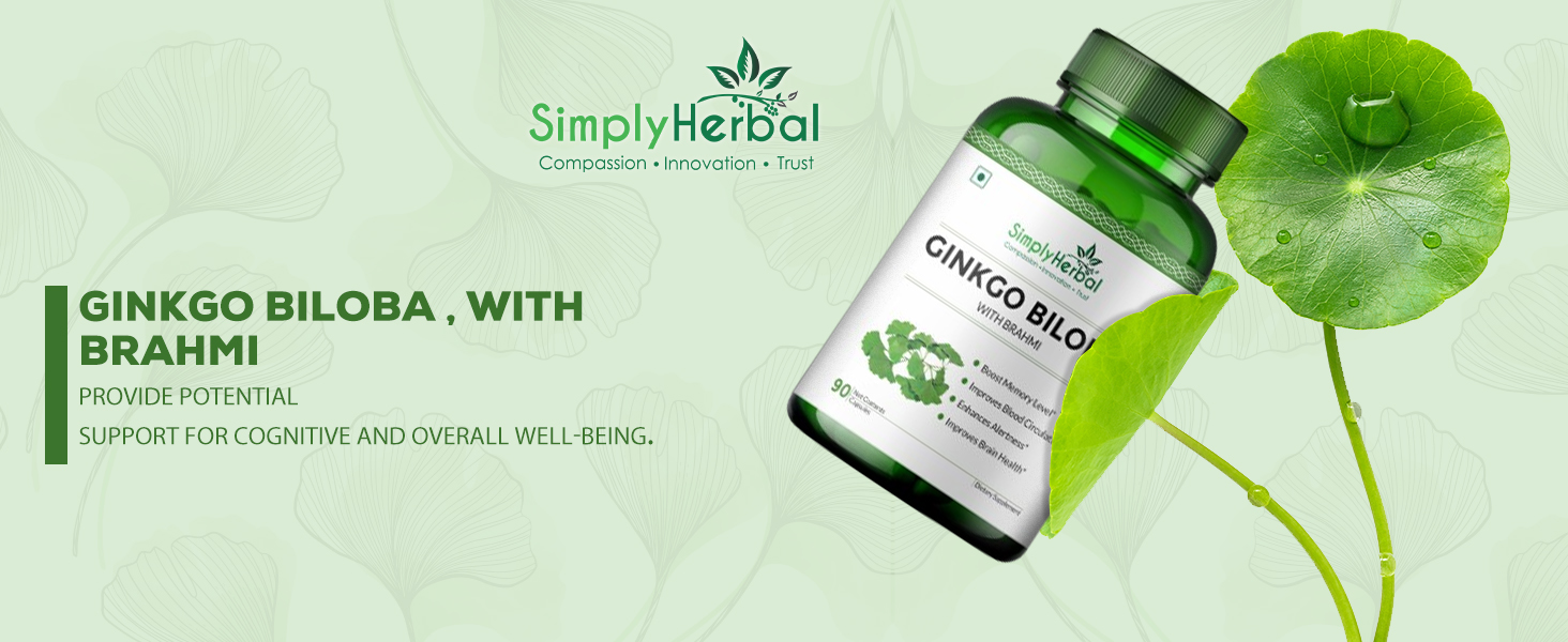 Simply Herbal Ginkgo Biloba 120mg With Bacopa Monnieri Extract Brahmi 380mg for Better Concentration, Improves Blood Circulation, Enhance Alertness, Memory & Learning, 90 Capsules