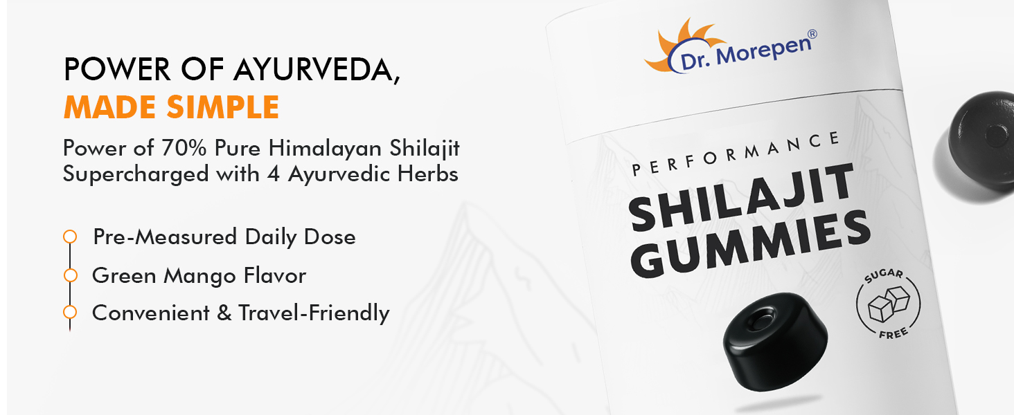 Dr. Morepen Shilajit Gummies with 70% Pure Himalayan Shilajit, Ashwagandha & Black Musli Extracts, Sugar-Free Performance Booster – Green Mango Flavour, 30 Gummies