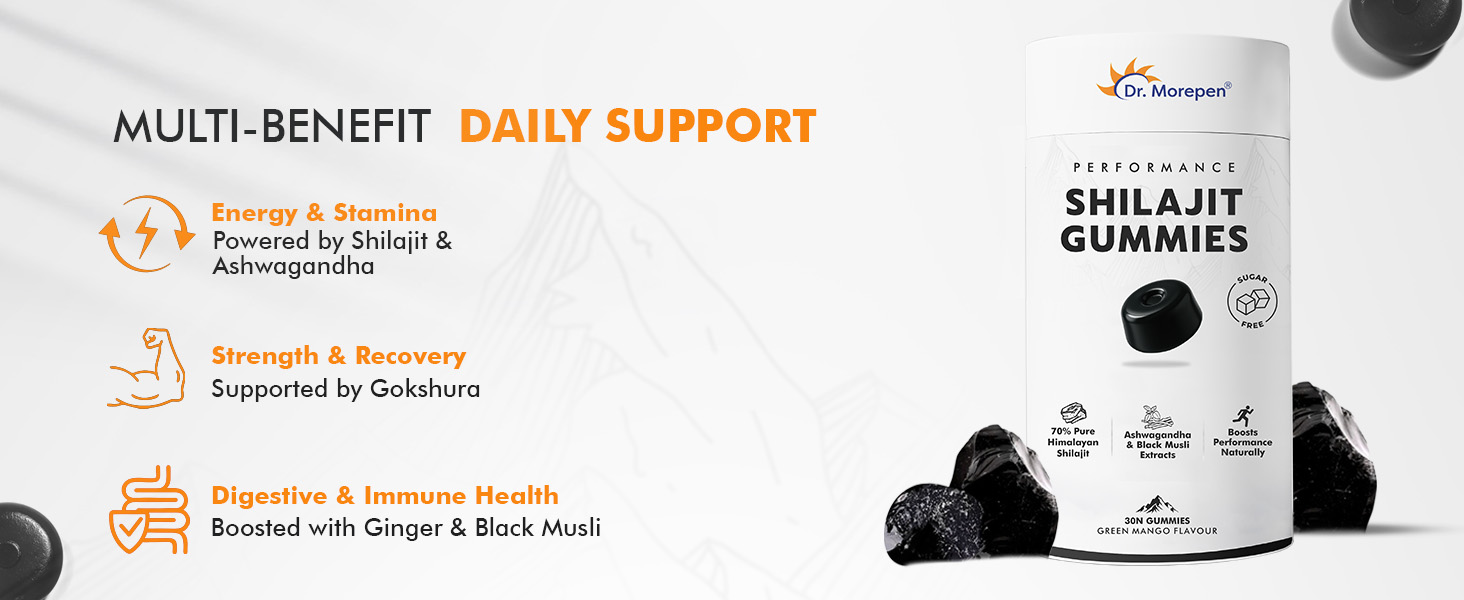Dr. Morepen Shilajit Gummies with 70% Pure Himalayan Shilajit, Ashwagandha & Black Musli Extracts, Sugar-Free Performance Booster – Green Mango Flavour, 30 Gummies