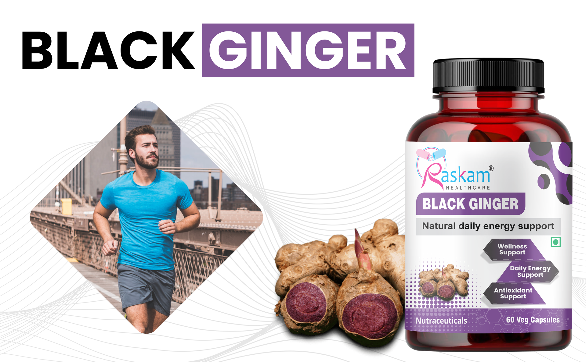 Black Ginger Capsules, 60 Veg Capsules Each, Improves Circulation, Boosts Energy with Powerful Antioxidants (Pack of 1)