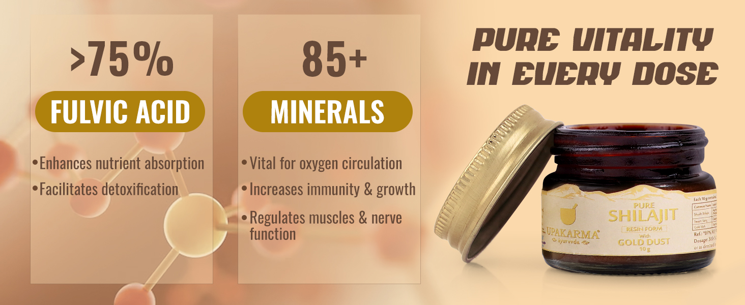 UPAKARMA Pure Shilajit Resin with Gold Dust 10g | 300mg/serving | Extensive Global Sourcing | Potent Ayurvedic Formula with 24 Carat Gold | Lab-Tested Purity | 33 Servings