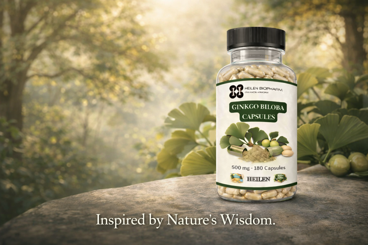Heilen Biopharm Ginkgo Biloba Capsules 500 mg | 180 Capsules | Plant-Based Capsules | No Artificial Colours or Preservatives | Herbal Wellness Supplement